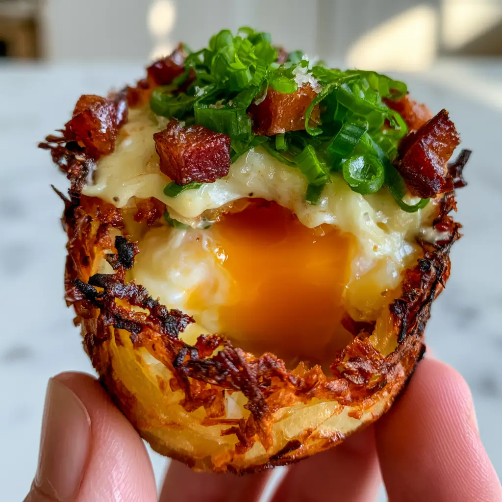 Detail shot of the charred amber edges of the shredded potato nest in our hash brown egg cups.