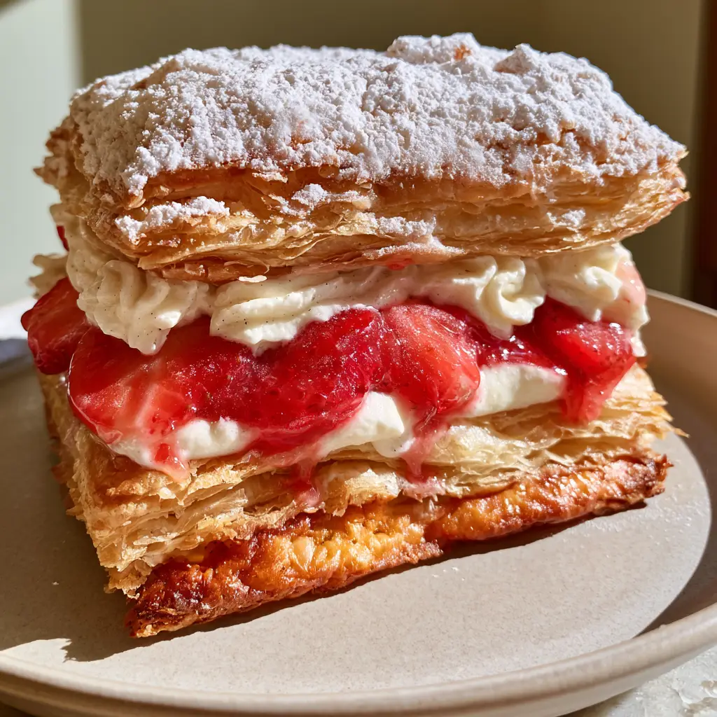 Detailed view of vanilla bean mascarpone cream and macerated strawberries inside a Strawberry Flaky Puff Pastry.