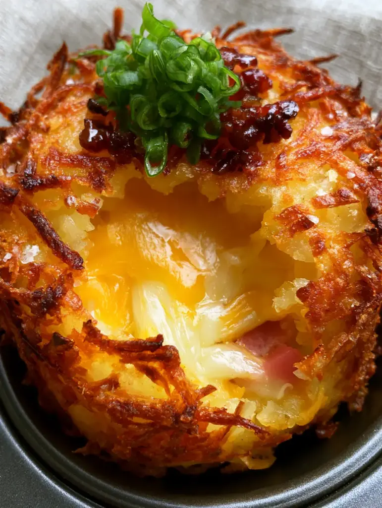 Loaded Hashbrown Bites: The Ultimate Extra-Crispy Muffin Tin Appetizer 2 A smartphone-style photo of a golden-brown Loaded Hashbrown Bite with visible shattered potato strands and sea salt flakes.