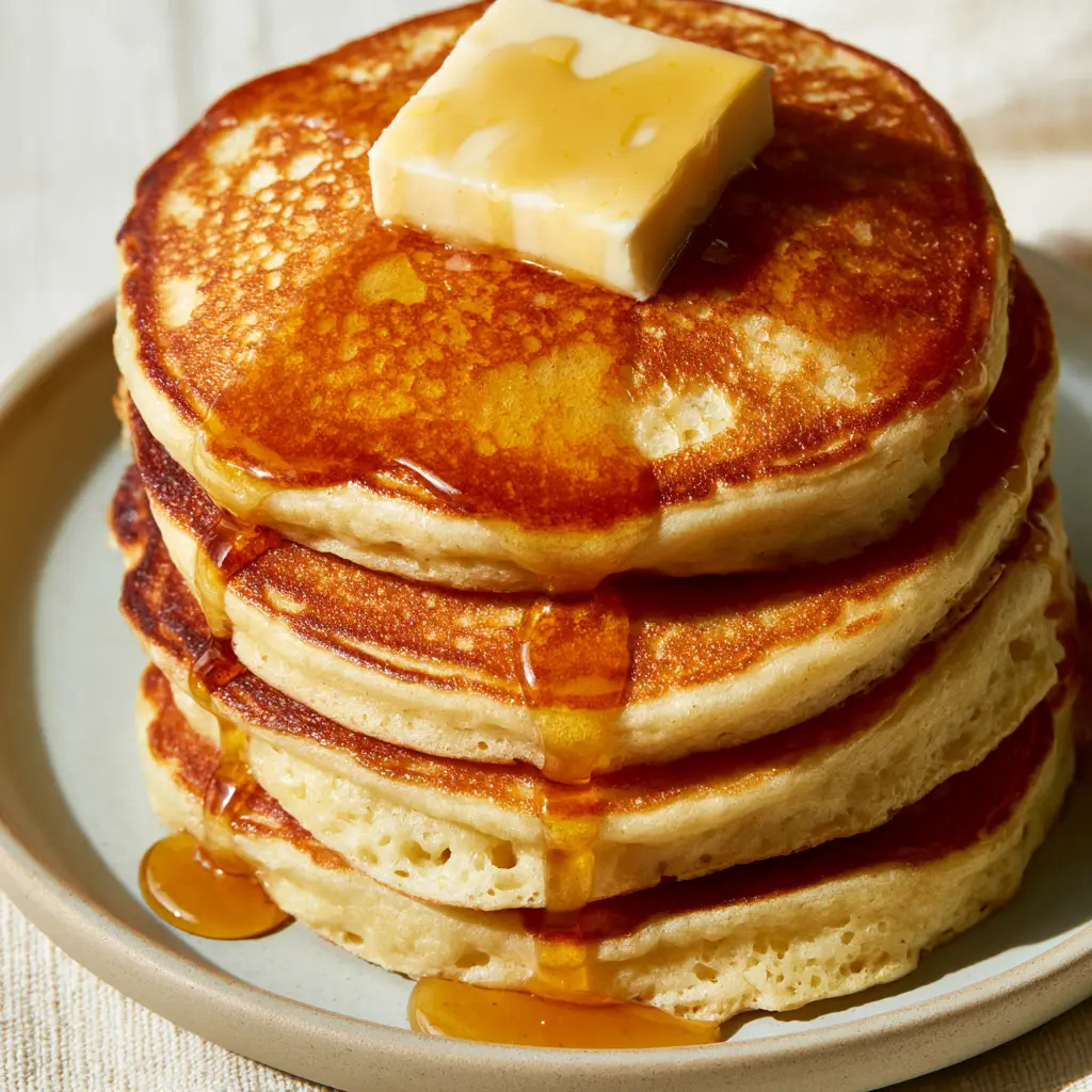A thick pat of salted butter melting over a stack of golden-brown american pancakes with syrup rivulets.