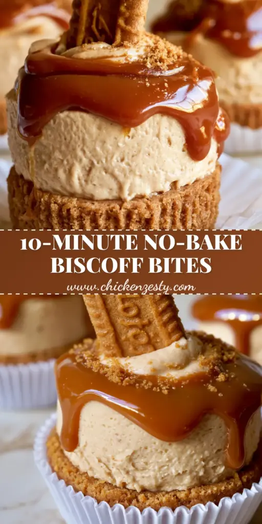 Three mini cookie butter cheesecake cups in white paper liners featuring a thick Biscoff crust, speculoos mousse, and glossy dark amber cookie butter drip.