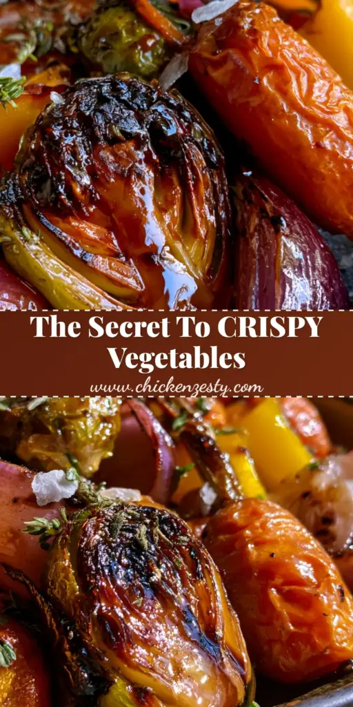 A tall Pinterest pin showing a platter of Balsamic Glazed Roasted Vegetables with charred Brussels sprouts and honey-glazed baby carrots.