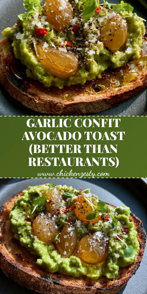 Close-up of Garlic Avocado Toast on charred sourdough with jammy garlic confit and micro-cilantro on a charcoal plate.