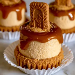 Extreme macro close-up of three mini Biscoff cookie butter cheesecake cups with cascading dark amber melted cookie butter.