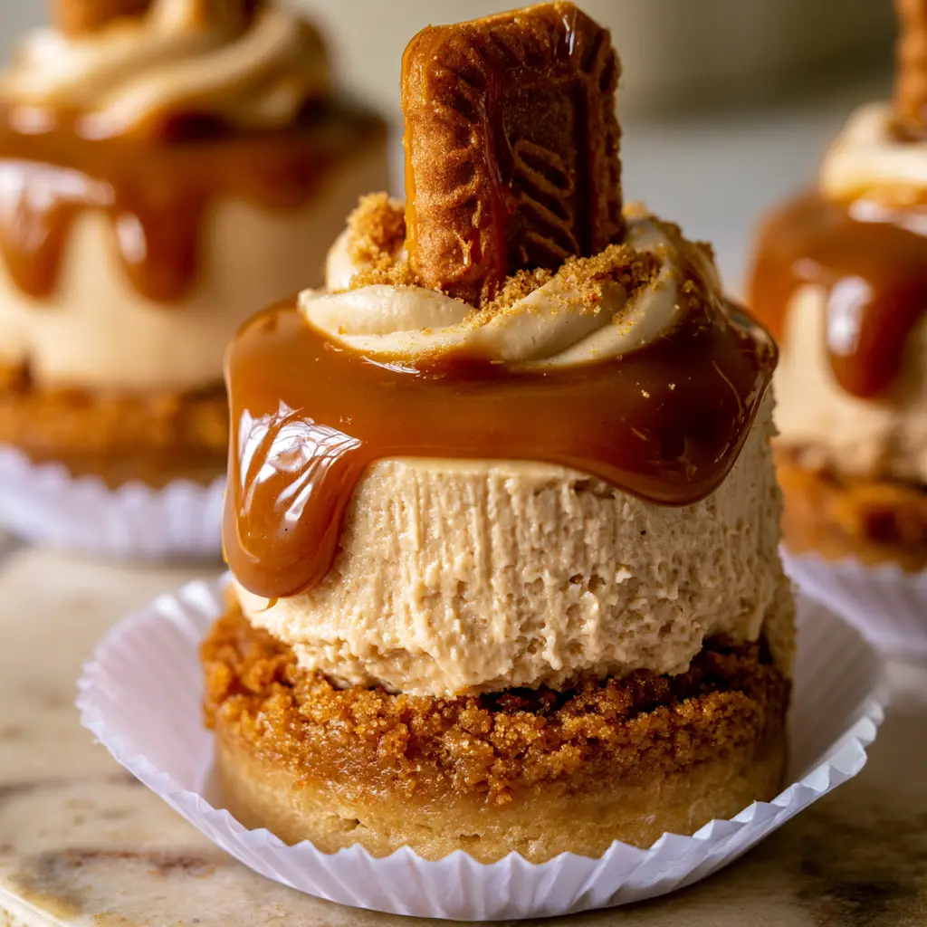 Side view of Biscoff cheesecake cups showing the distinct layers of golden crust and pale-tan mousse.