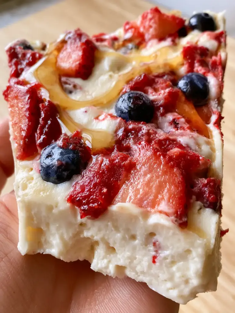 Frozen Yogurt Bark with Fresh Berries and Golden Honey Drizzle 1 Detailed view of glossy honey drizzle on top of frozen yogurt bark with strawberries and blueberries.