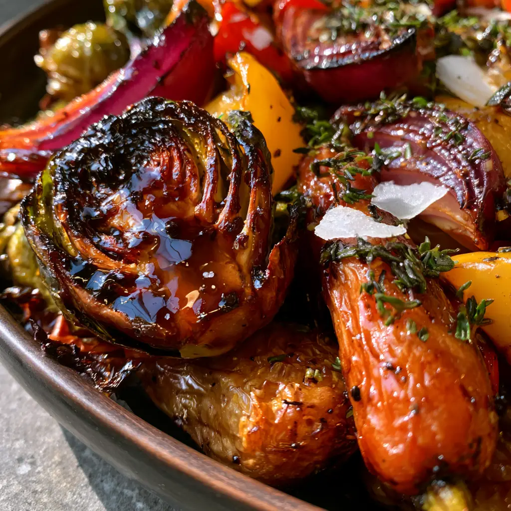 Close up of caramelized honey-glazed baby carrots and red onion wedges as part of a Balsamic Glazed Roasted Vegetables medley.