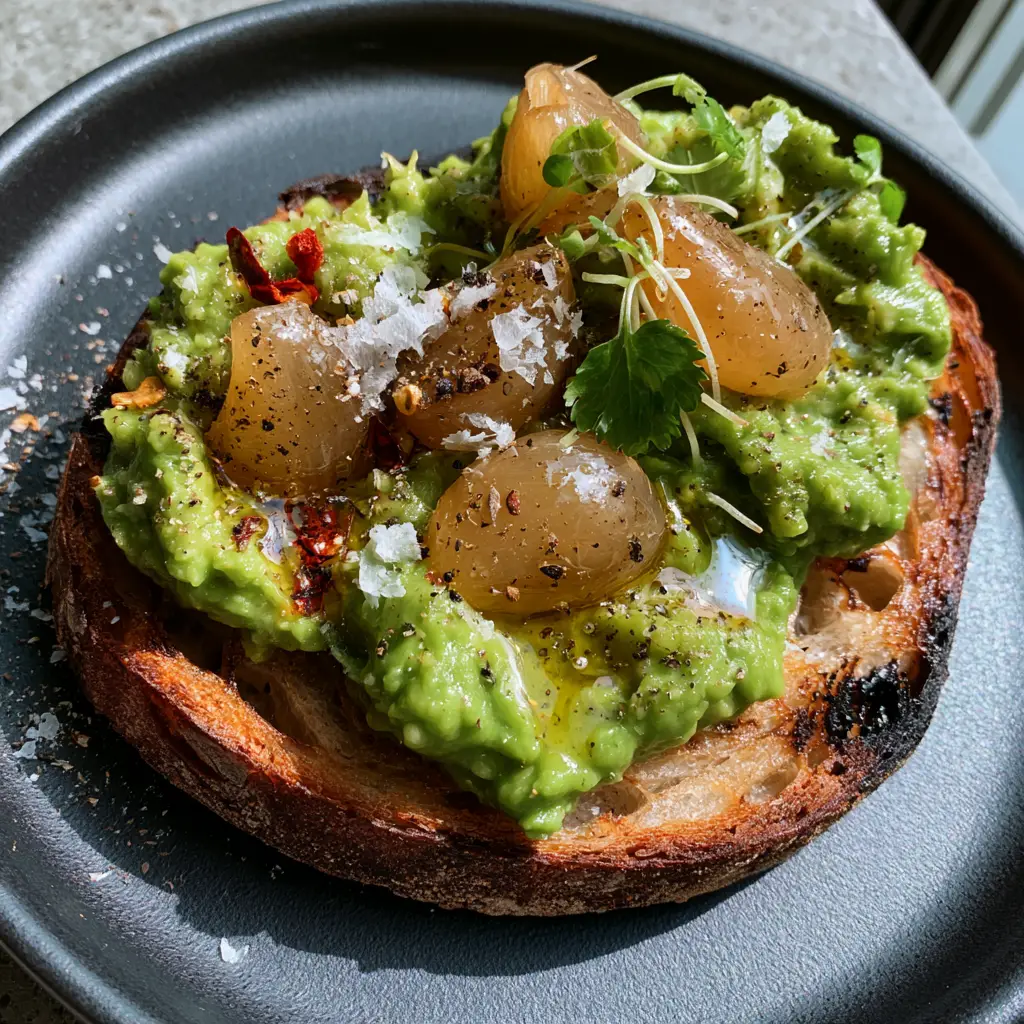 Extreme close-up of Garlic Avocado Toast with flaky sea salt and red chili flakes visible on a dark ceramic plate.