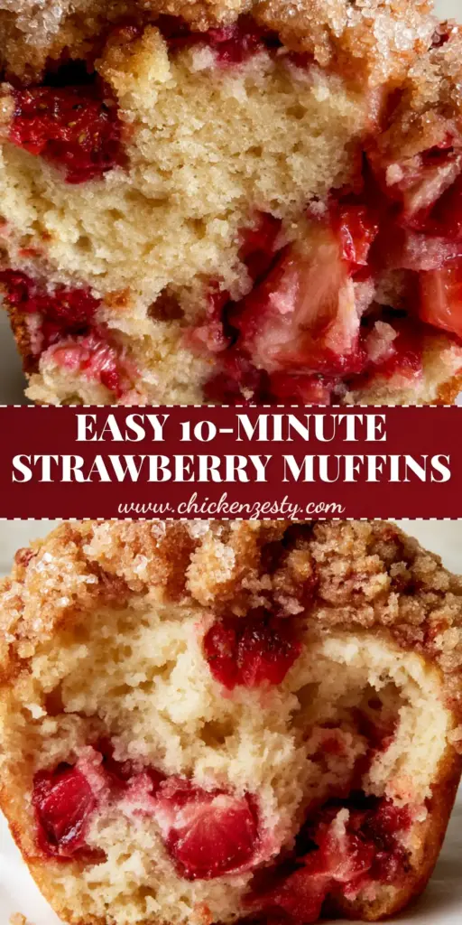 A close up of Strawberry shortcake muffins with a jagged streusel topping and sparkling sugar crystals on a white stone background.