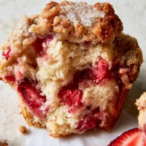 A macro shot of a moist strawberry shortcake muffin broken in half revealing jammy roasted strawberry chunks and a fluffy golden crumb.