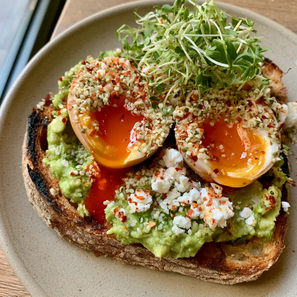 Detailed shot of the liquid orange yolk spilling over chunky avocado and feta cheese on healthy avocado toast.