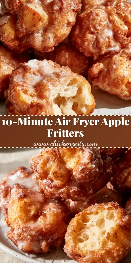 A stack of golden-brown air fryer apple fritters with a thick, cracked vanilla glaze and visible cinnamon apple chunks.
