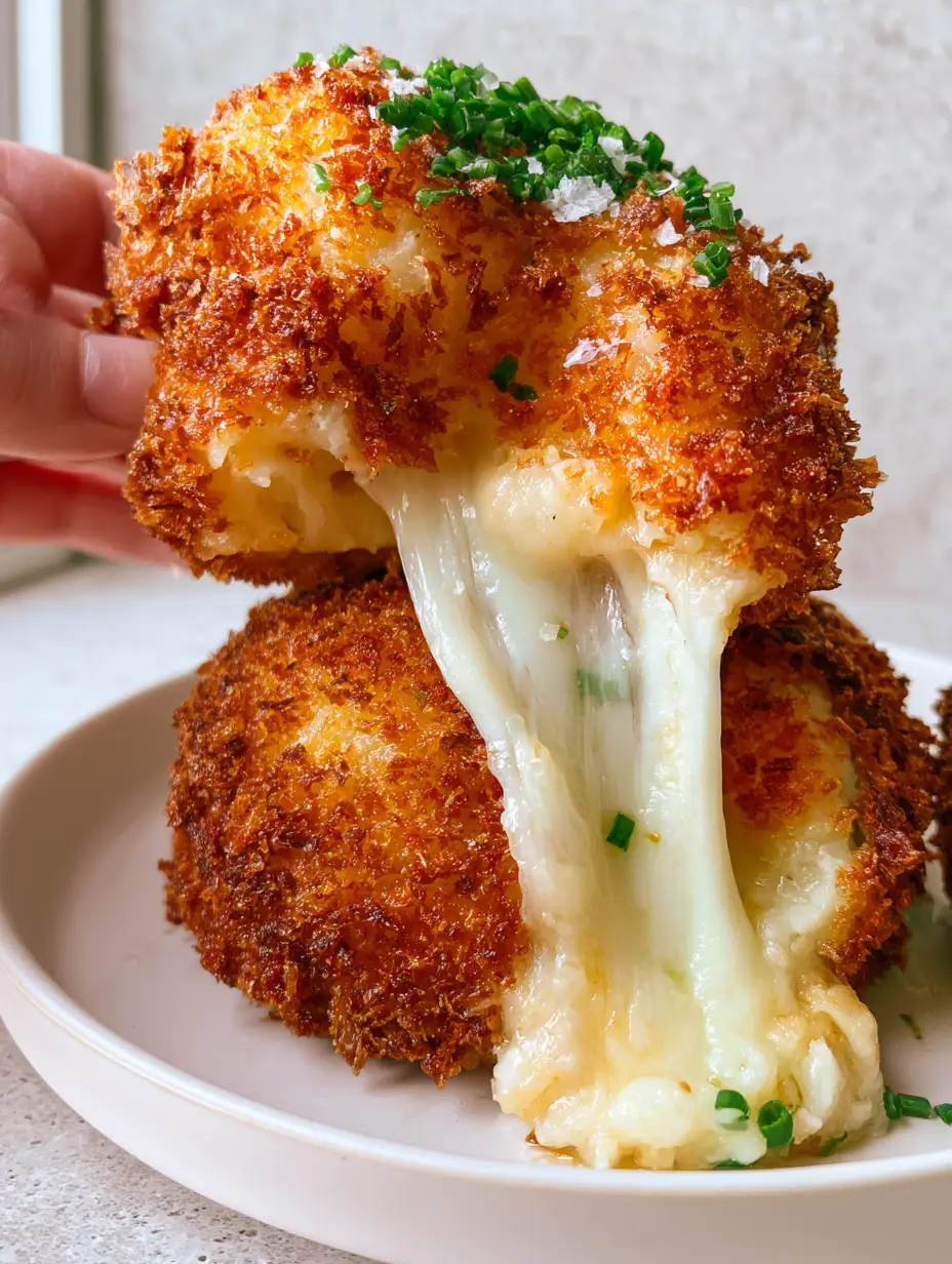 Potato Cheese Bombs: The Ultimate Crispy, Molten Stuffed Potato Snack 3 Handheld photo of a crispy potato cheese bomb being pulled apart on a white plate. (potato cheese bombs)