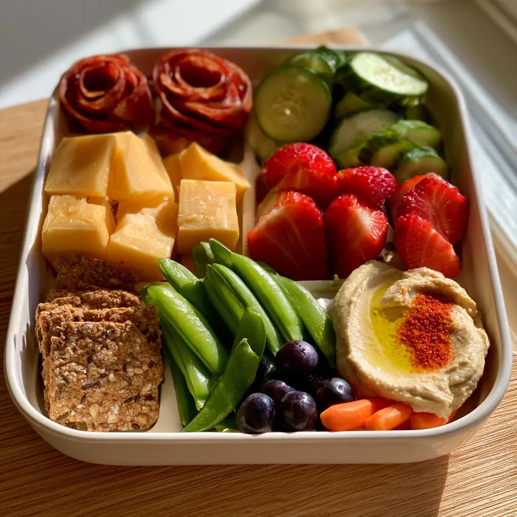 Close up of a muffin tin filled with hummus, snap peas, and blueberries for fun dinner ideas.