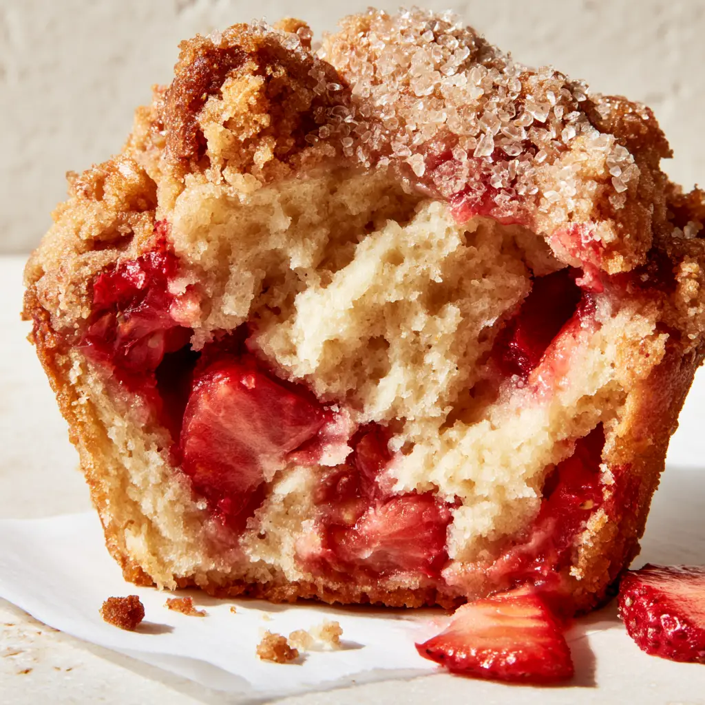 Top view of Strawberry shortcake muffins showing the buttery flour crumble and coarse sparkling sugar crystals.