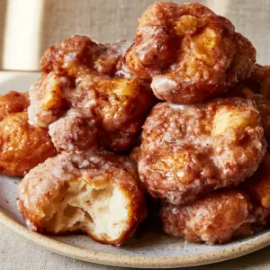 Handheld photo of a pile of air fryer apple fritters on a speckled plate showing crystalline glaze structure.