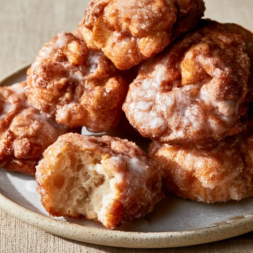 Close up of an air fryer apple fritter broken open to show a steaming fluffy interior and cinnamon apples.