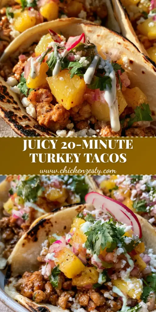A close-up vertical shot of three street-style Pineapple Turkey Tacos in a ceramic bowl, featuring blistered corn tortillas, glistening seared turkey, golden pineapple salsa, and a lime-crema drizzle.
