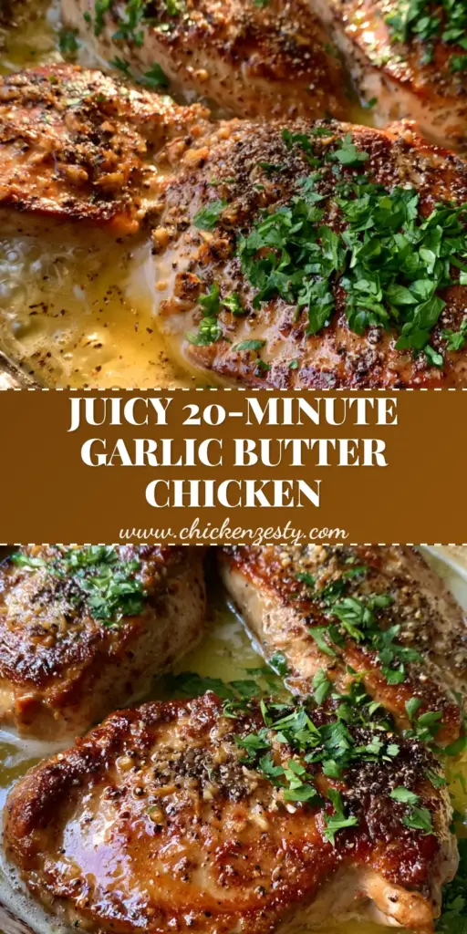 A top-down view of a rustic cast iron skillet with three seared chicken breasts in bubbling garlic butter sauce. (Easy Chicken Breast Recipe)