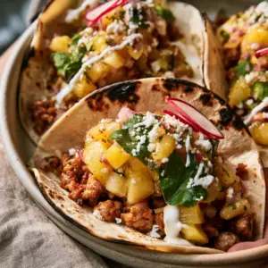 Handheld smartphone photo of three Pineapple Turkey Tacos with charred corn tortillas, fresh cilantro, and cotija cheese in a neutral ceramic bowl.