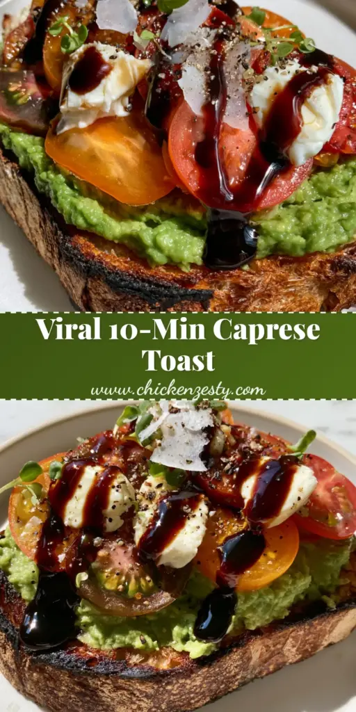 A gourmet caprese avocado toast on sourdough bread with heirloom tomatoes and balsamic glaze. (caprese avocado toast)