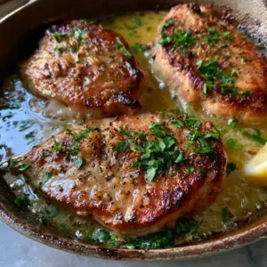 Handheld photo showing a close-up of thick chicken breasts with a deep golden-brown crust and fresh parsley. (Easy Chicken Breast Recipe)