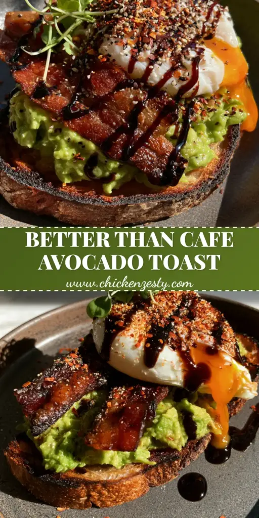Bacon Avocado Toast with Poached Egg and Balsamic Glaze 3 A close-up of bacon avocado toast with a runny poached egg, balsamic glaze, and micro-cilantro on sourdough. (bacon avocado toast)