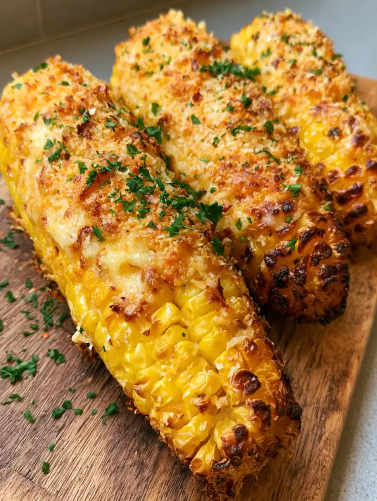 Garlic Parmesan Corn on the Cob: The Ultimate Air Fryer Recipe 2 Close-up of air-fried corn kernels with dark brown charring and glistening roasted garlic butter. (Garlic Parmesan Corn on the Cob)