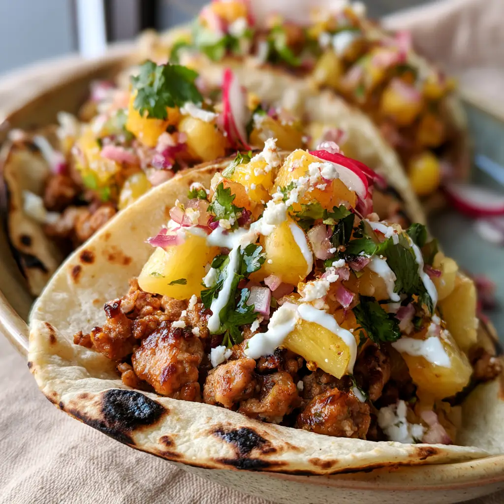 Top-down view of Pineapple Turkey Tacos showing the zigzag lime-crema drizzle, red radish slices, and seared ground turkey crumbles.