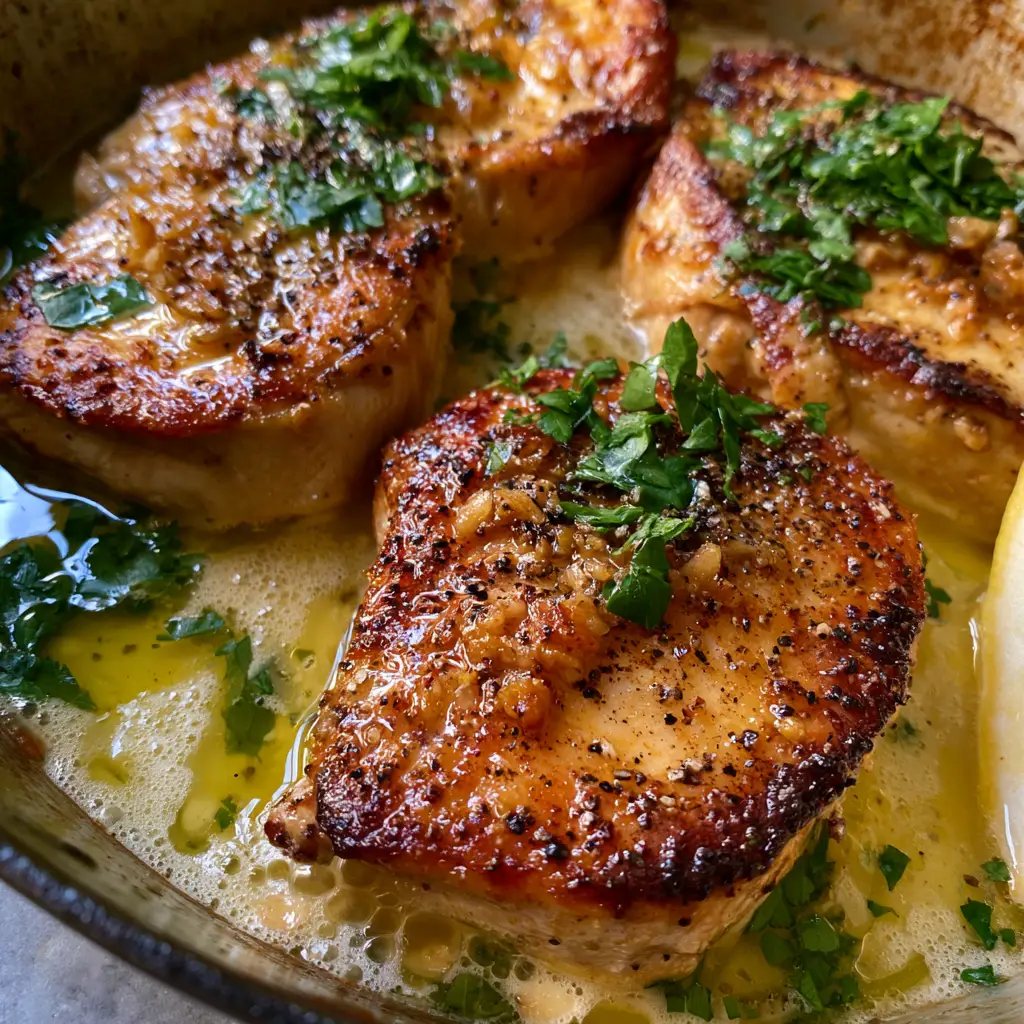 A bubbling pale gold garlic butter sauce surrounding three seared chicken breasts in a stone background setting.