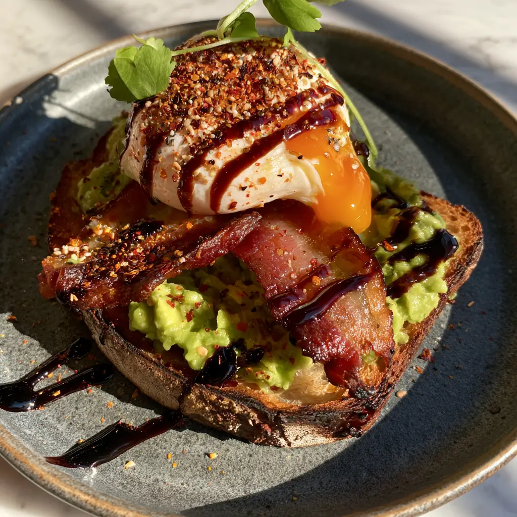 Bacon Avocado Toast with Poached Egg and Balsamic Glaze 2 Handheld POV shot of premium bacon avocado toast on a charcoal ceramic plate. (bacon avocado toast)