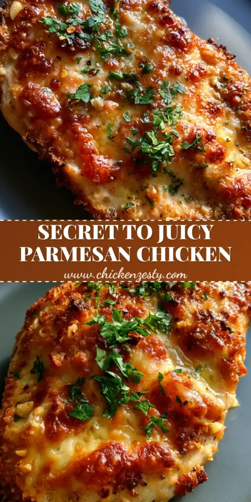 A close-up of Parmesan Crusted Chicken Breast featuring a thick, golden-brown bubbly parmesan crust with toasted garlic and fresh parsley garnish on a charcoal plate.