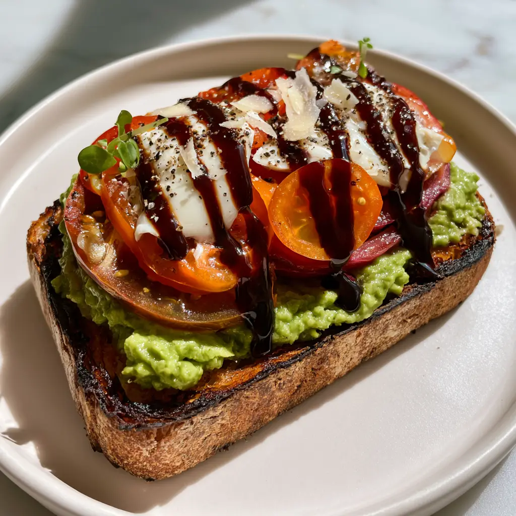 Close-up of thick balsamic glaze drizzled over fresh mozzarella and avocado toast.