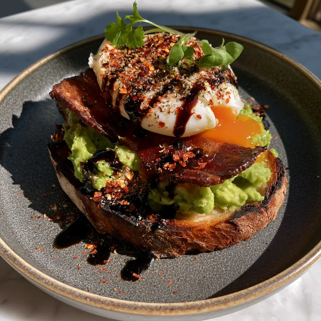 Bacon Avocado Toast with Poached Egg and Balsamic Glaze 1 Close-up of extra-crispy bacon and chunky avocado on charred sourdough toast.