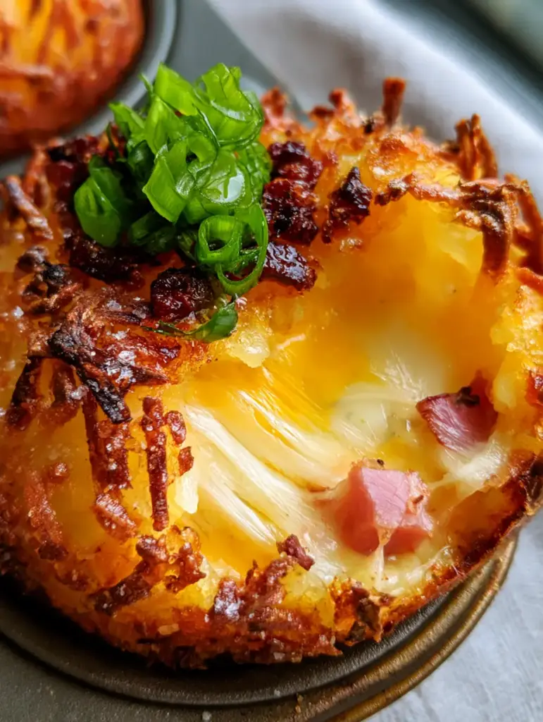 Loaded Hashbrown Bites: The Ultimate Extra-Crispy Muffin Tin Appetizer 1 Close-up of Loaded Hashbrown Bites in a dark metal muffin tin, topped with mahogany bacon crumbles and bright green scallions.