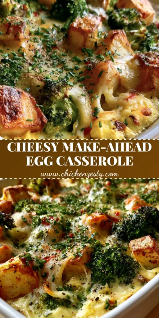 A close-up of Potato, Broccoli & Pepper Jack Egg Casserole in a white ceramic dish with gooey cheese strands and fresh chives.