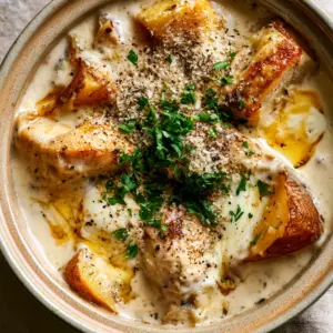 Close-up of seared golden chicken breast and roasted gold potatoes in a thick white garlic parmesan cream sauce. (Crockpot garlic parmesan chicken and potatoes)
