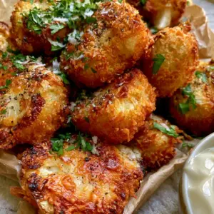 Extreme macro of golden-brown Garlic Parmesan Crusted Snack bites showing thick panko and cheese texture.