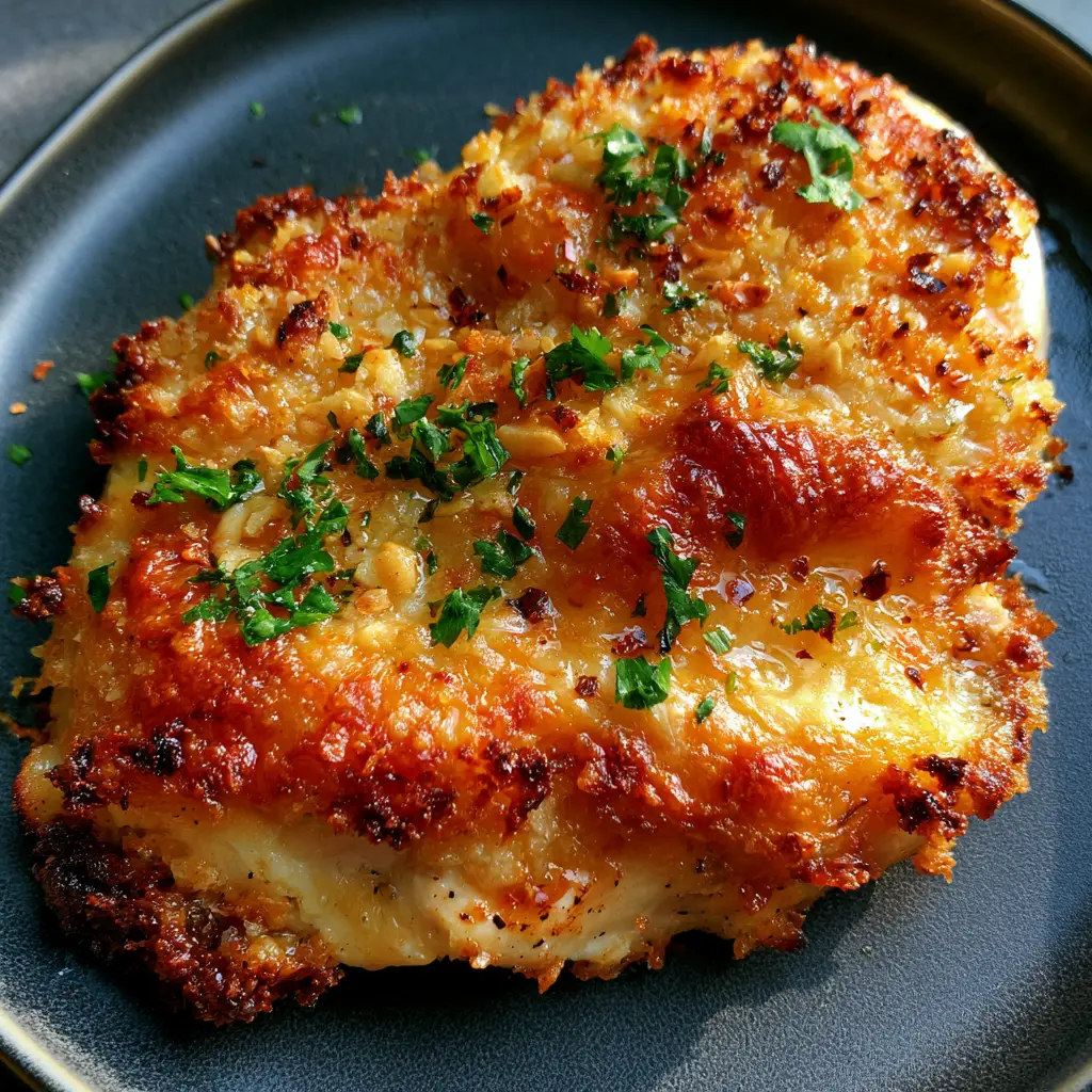 Close-up detail of the craggy panko and parmesan crust on a seared chicken breast with visible toasted garlic flecks.