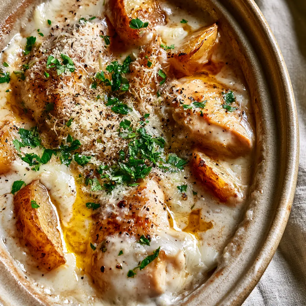 Overhead shot showing the melted mozzarella and micro-planed parmesan over Crockpot garlic parmesan chicken and potatoes.