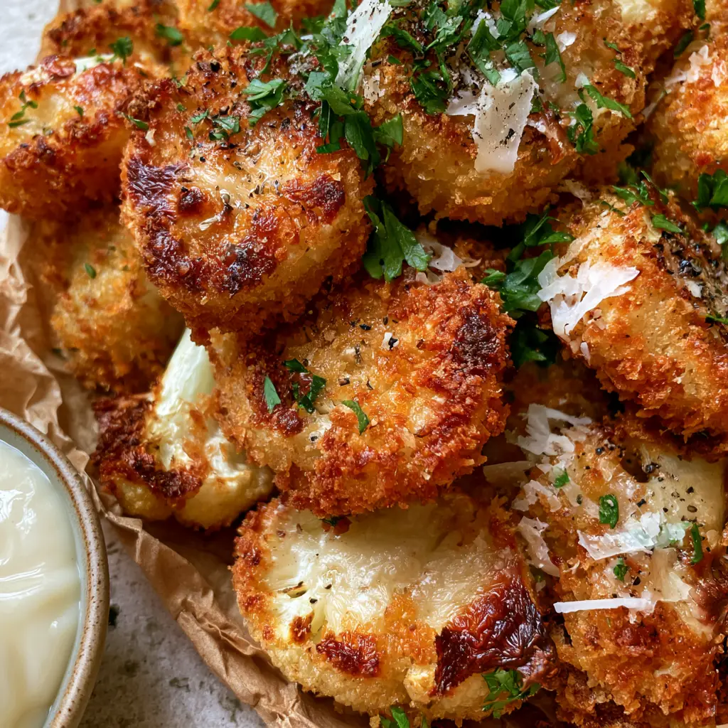Garlic Parmesan Crusted Snack cauliflower florets piled high on rustic parchment paper with fresh parsley garnish.