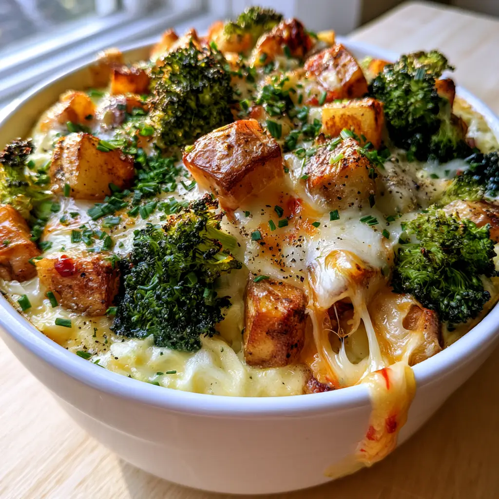 Close up of melted pepper jack cheese with red pepper bits on top of a Potato, Broccoli & Pepper Jack Egg Casserole.