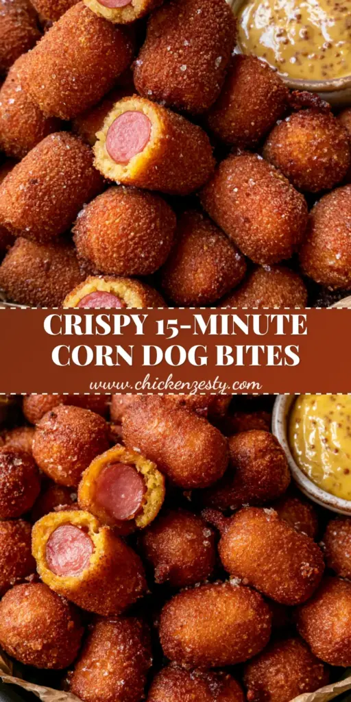 Corn Dog Bites: The Ultimate Crispy Air Fryer Appetizer Recipe 4 A pile of golden-brown air fryer corn dog bites on brown parchment paper with a side of honey mustard. (corn dog bites)