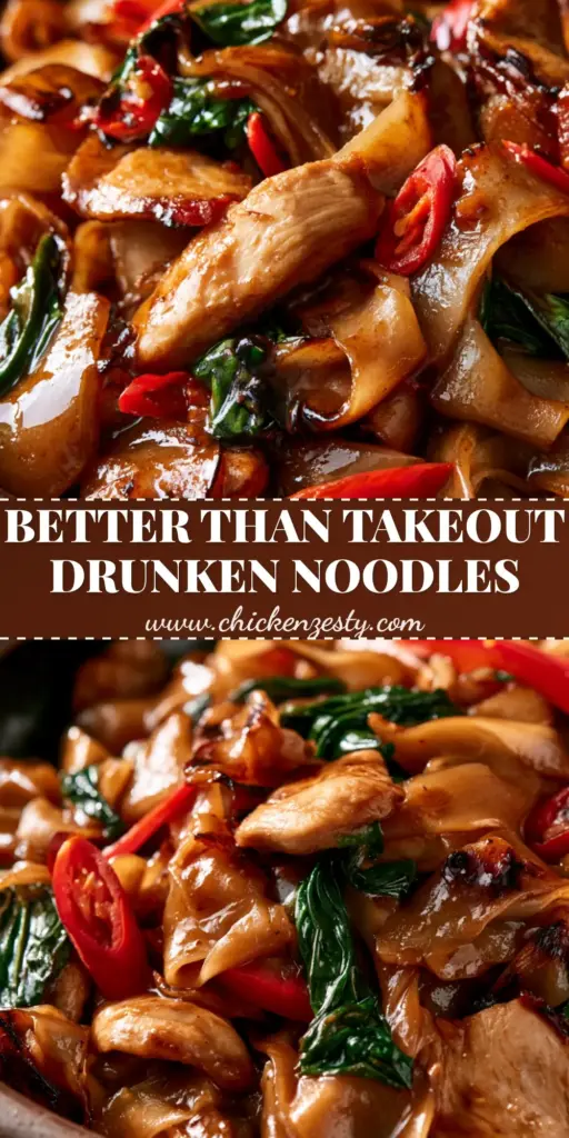 A vertical shot of Thai Drunken Noodles featuring wide rice noodles, seared chicken, and vibrant red chilies in a dark sauce.