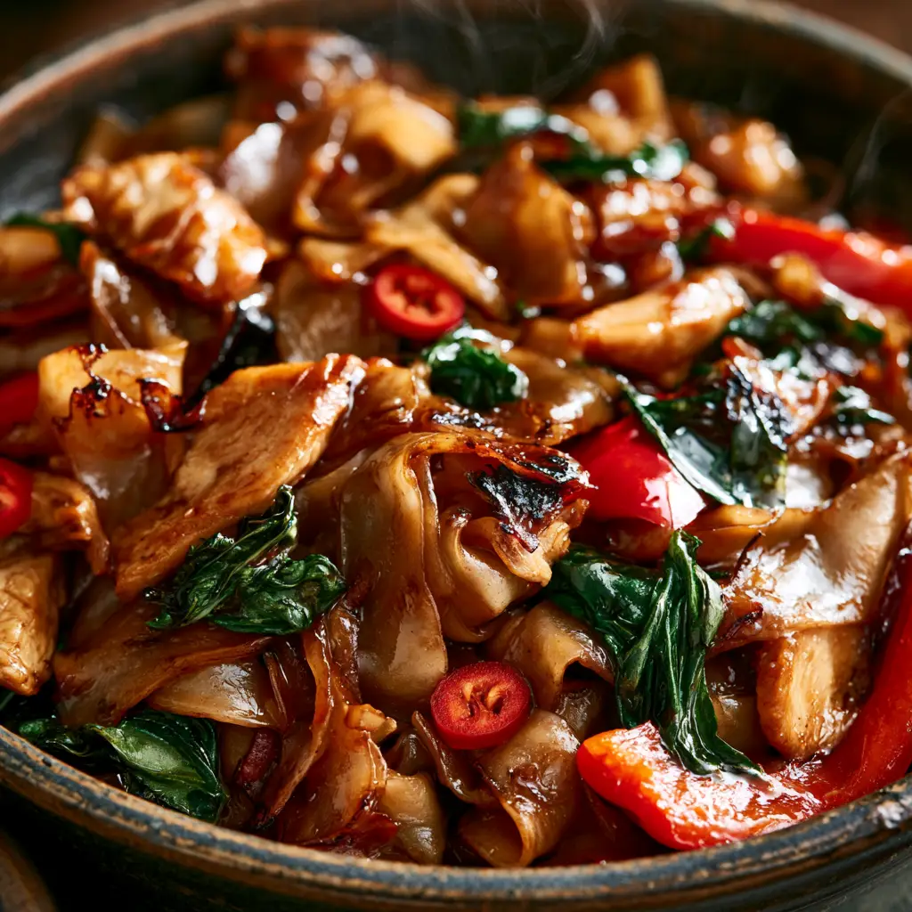A dark stoneware bowl filled with Pad Kee Mao showing seared chicken, red peppers, and wilted Thai basil.