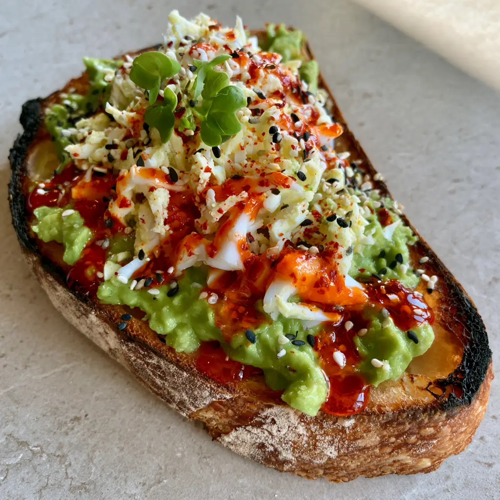Close up of vibrant red chili crunch oil and sesame seeds on avocado toast toppings.