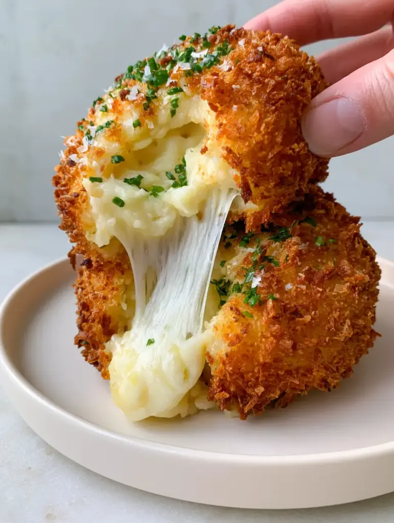 Potato Cheese Bombs: The Ultimate Crispy, Molten Stuffed Potato Snack 1 Molten white cheese stretching from a fried potato ball with green chives. (potato cheese bombs)
