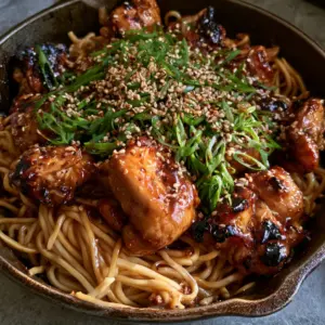 Close-up of seared chicken thigh pieces in a dark amber teriyaki glaze over thick wheat noodles. (chicken teriyaki noodles)