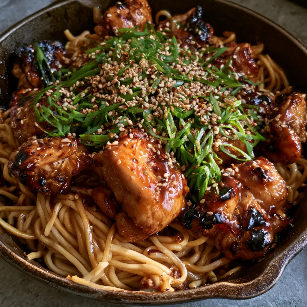 Chicken Teriyaki Noodles: The Ultimate 30-Minute Sticky Stir-Fry 2 Close-up of seared chicken thigh pieces in a dark amber teriyaki glaze over thick wheat noodles. (chicken teriyaki noodles)