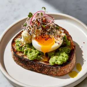 Smartphone photo of high-protein avocado on toast with charred sourdough and vibrant jammy egg yolks.